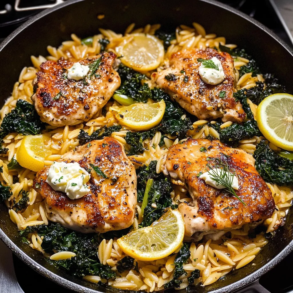 Recette de poulet au citron et orzo à la sauce feta - Un plat familial tout-en-un