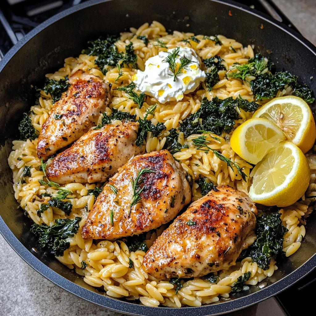 Poulet citron orzo sauce feta