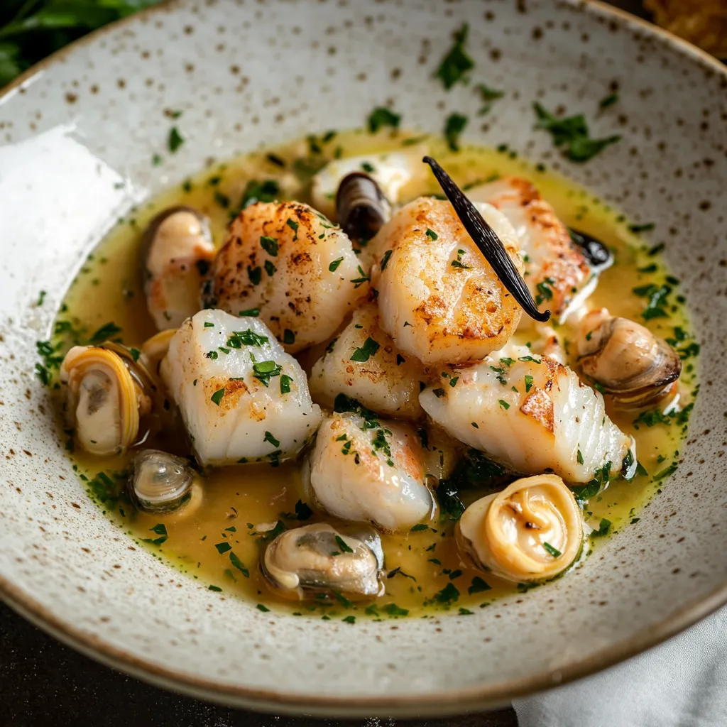 Lotte mijotée aux coquillages et vanille - Une recette raffinée de la mer