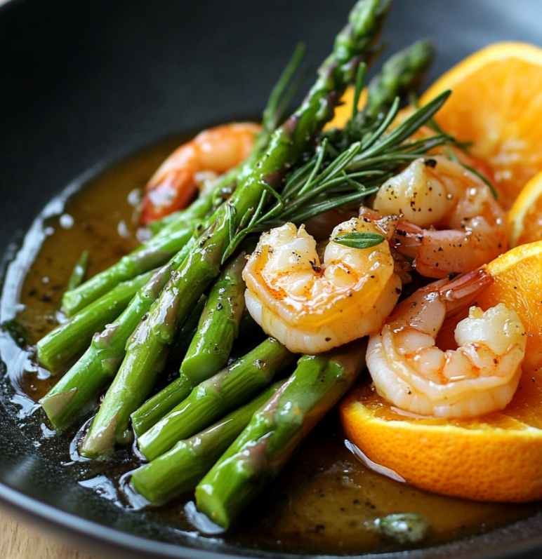 Asperges crevettes sauce orange romarin