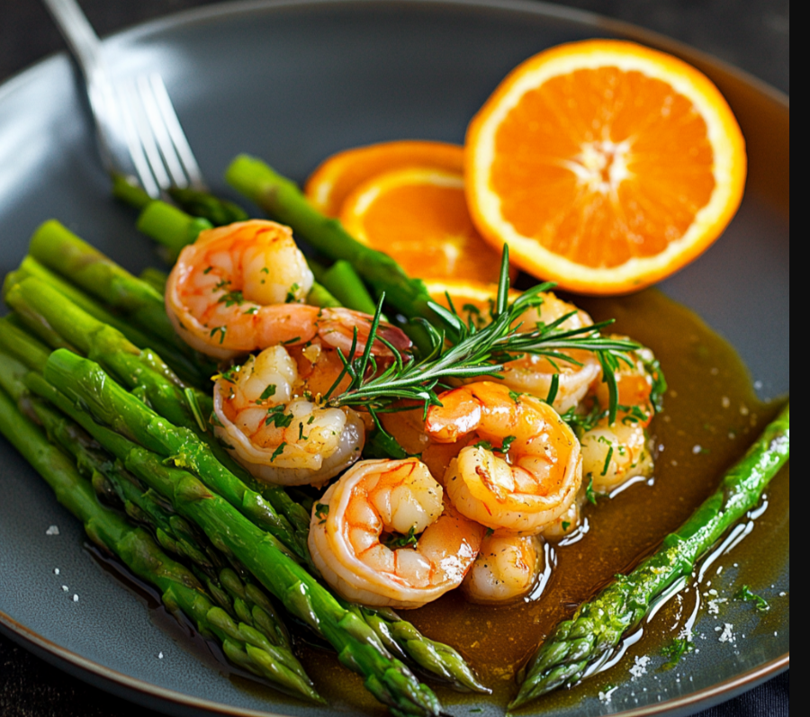 Asperges crevettes sauce orange romarin