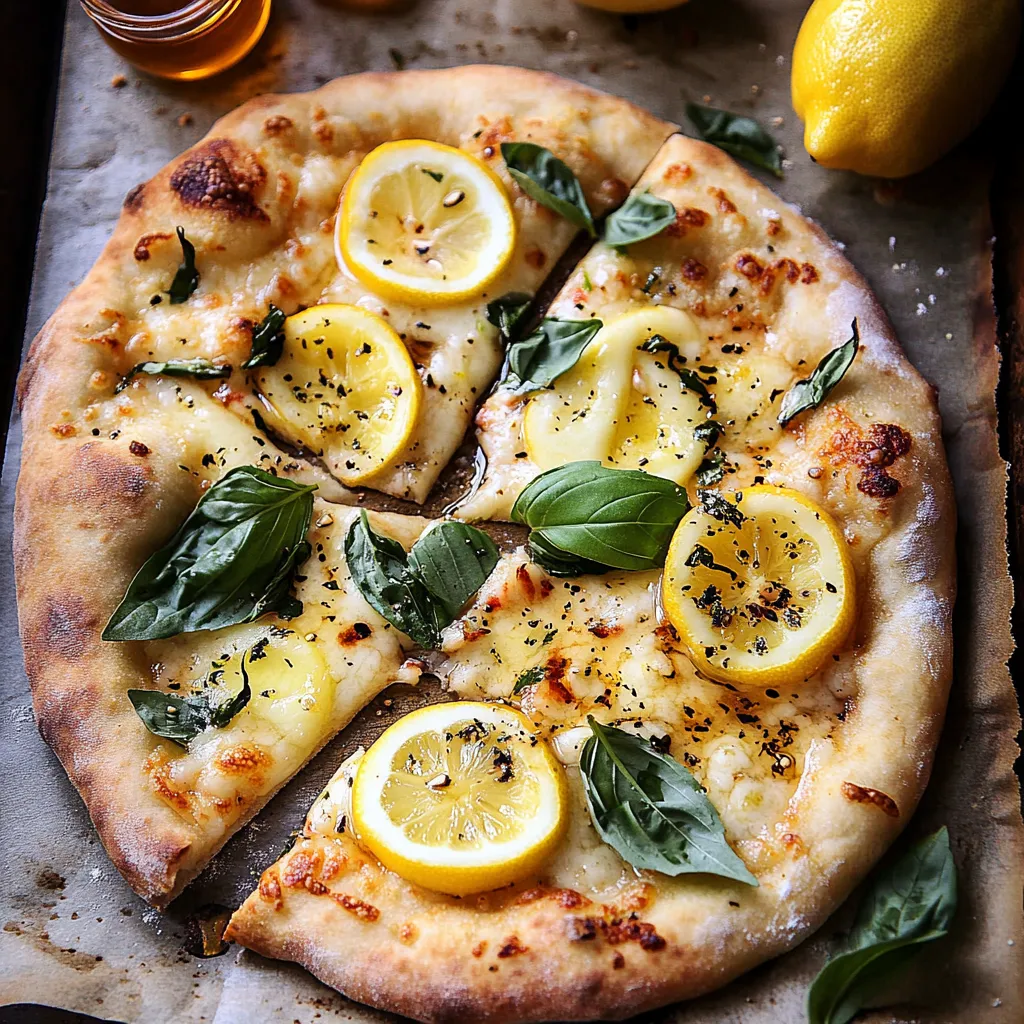 Pizza aux trois fromages, citron et basilic