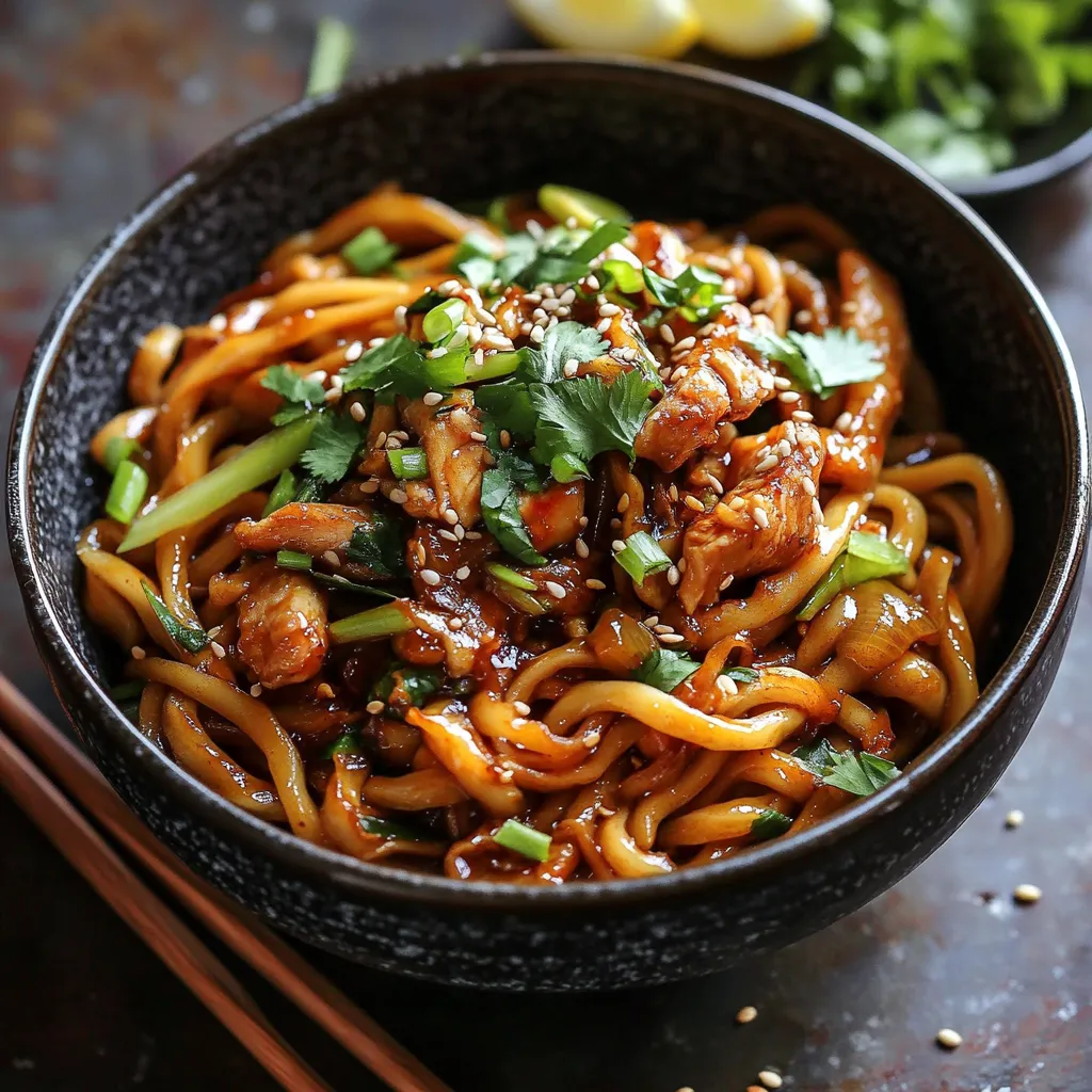 nouilles udon au poulet avec une sauce miel-ail