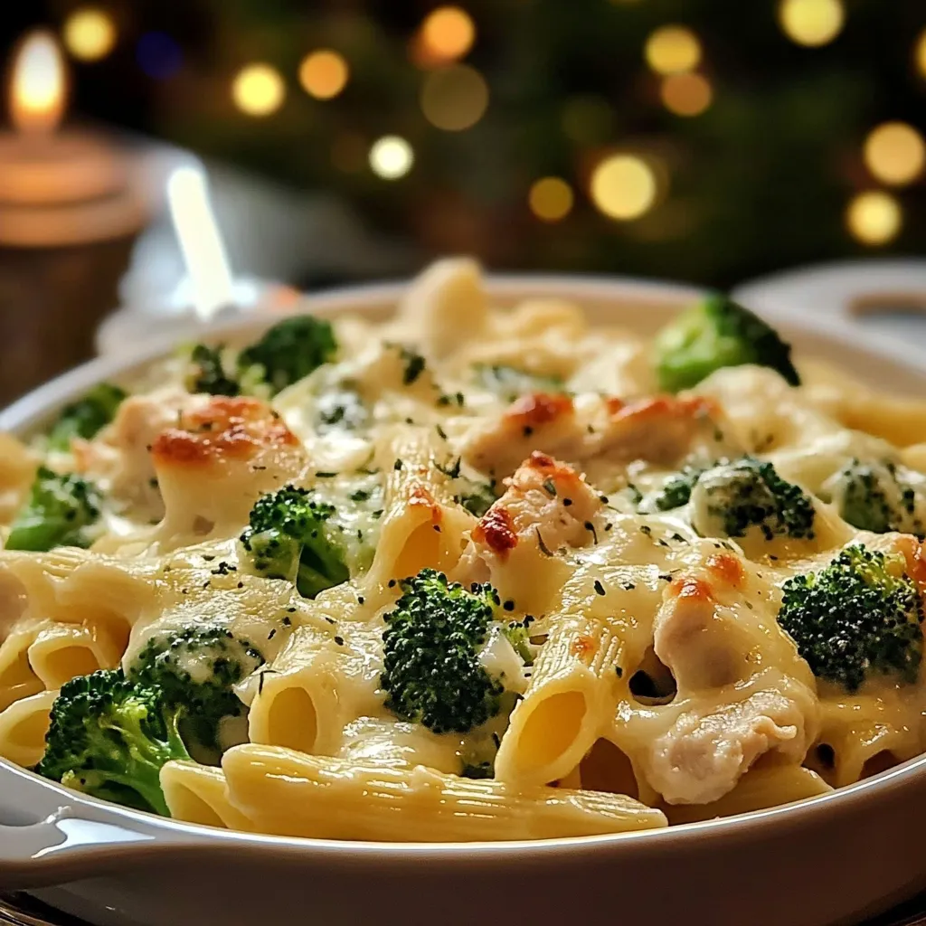gratin de pâtes onctueux associant poulet tendre, brocoli et sauce crémeuse