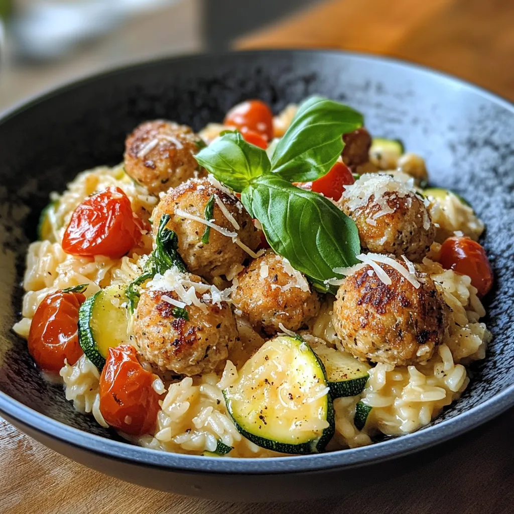 risotto de pâtes aux légumes d'été et boulettes de poulet croustillantes