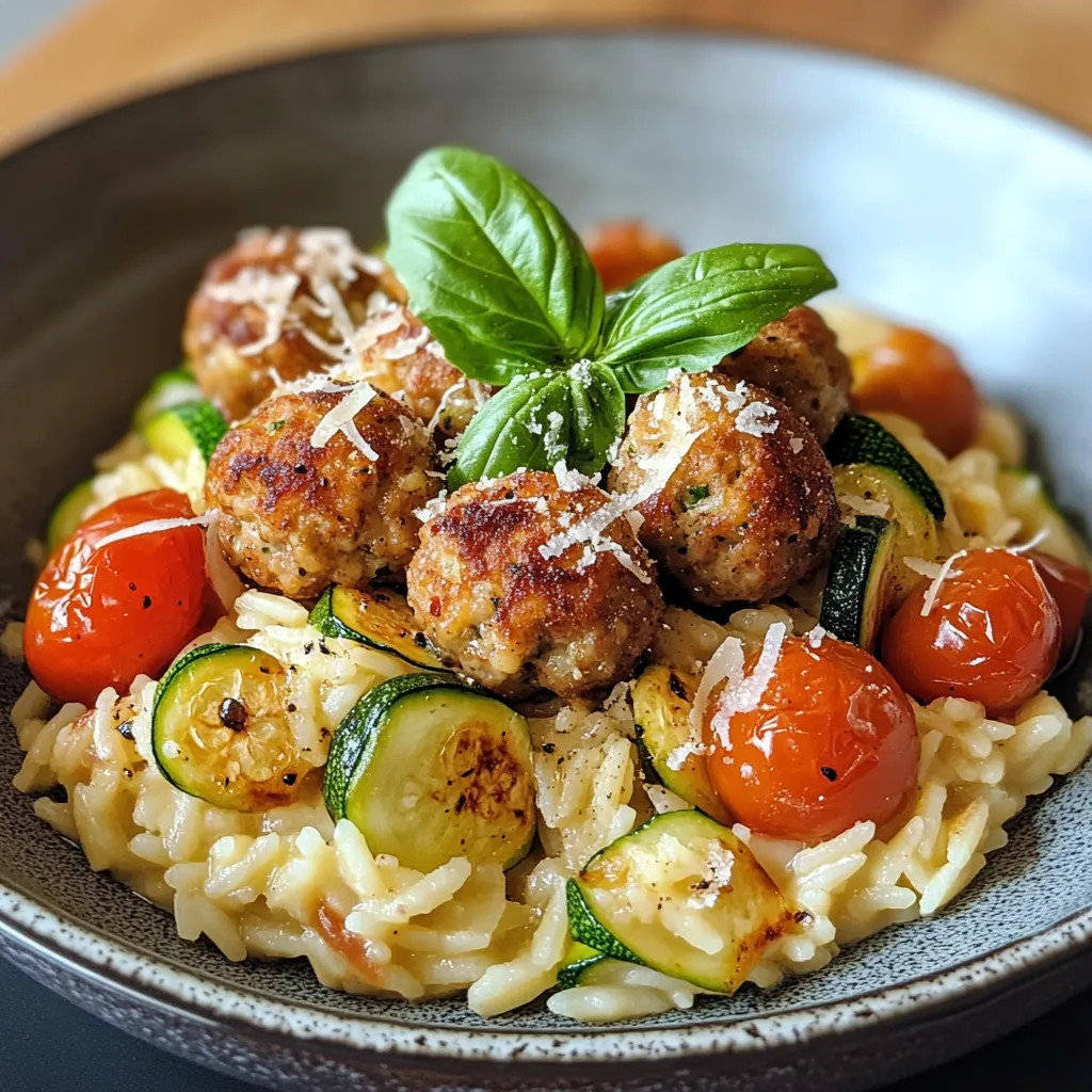 risotto de petites pâtes aux courgettes et tomates, agrémenté de boulettes de poulet croustillantes