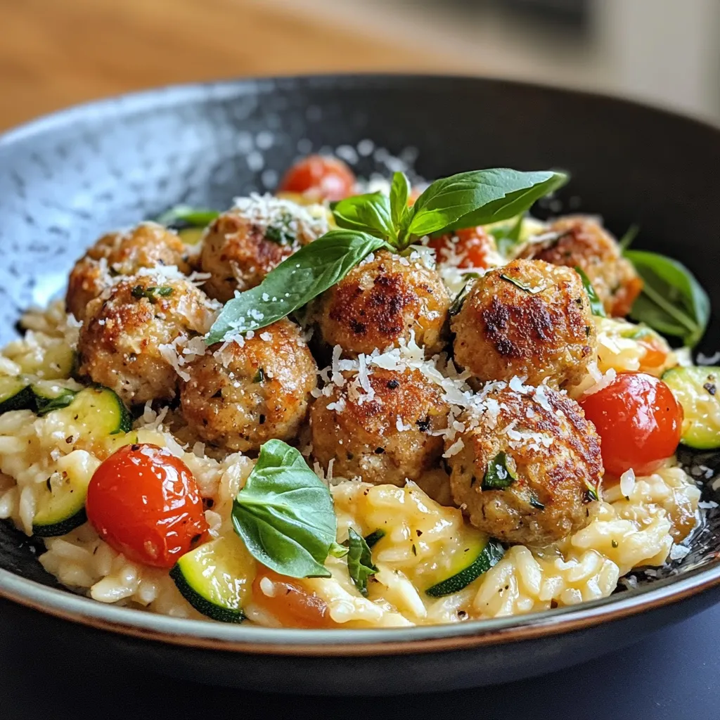 risotto de pâtes aux légumes d'été et boulettes de poulet croustillantes