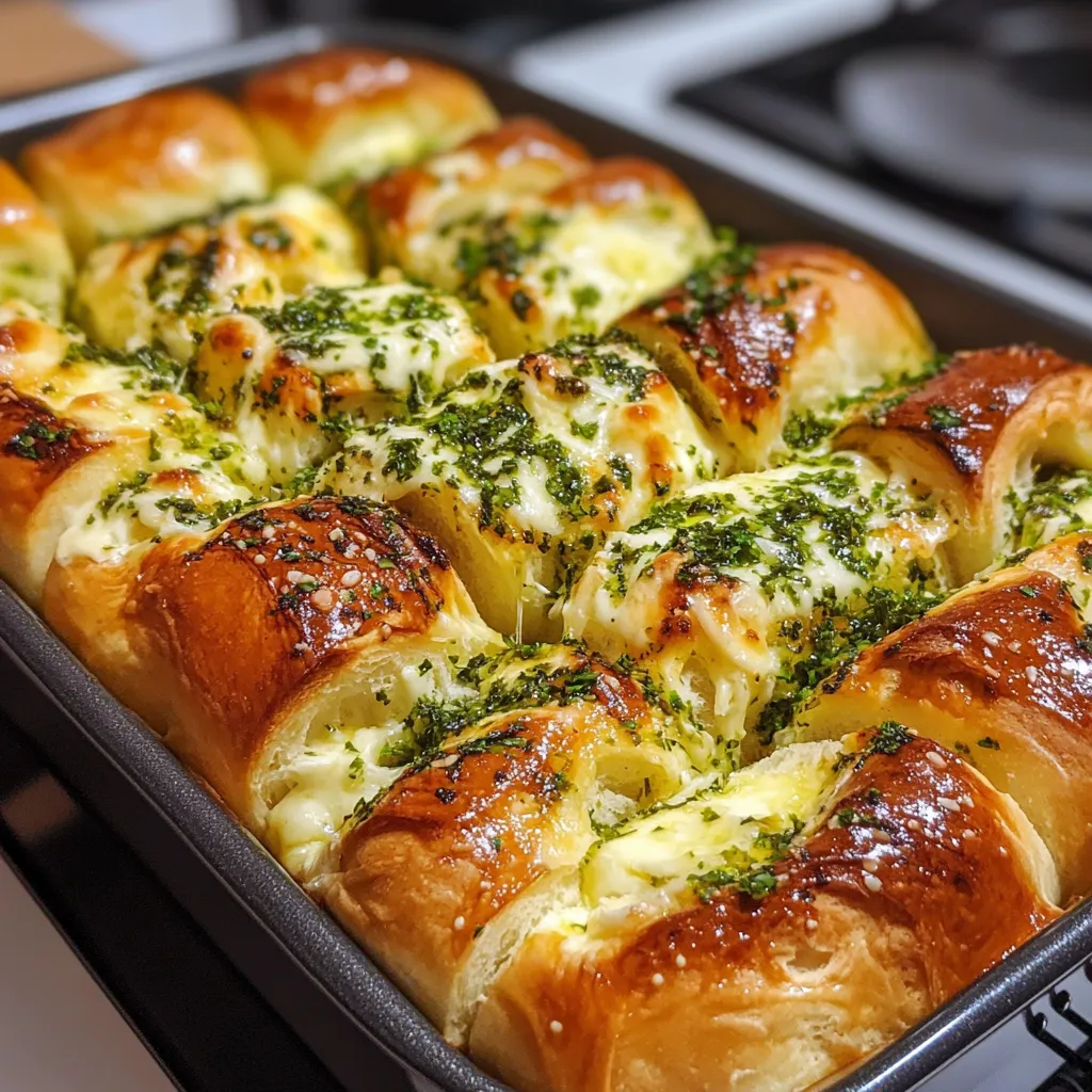 brioche à effeuiller garnie de beurre à l'ail et de mozzarella fondante.