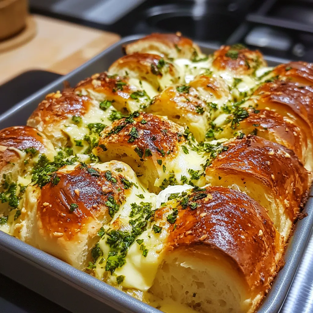 brioche moelleuse à effeuiller, garnie de beurre à l'ail et persil et de mozzarella fondante