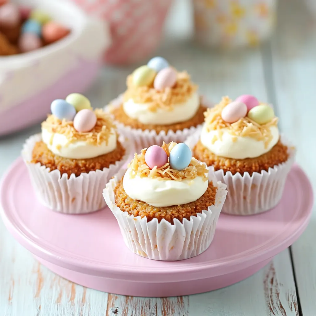 mini cheesecakes sans cuisson, décorés de nids en noix de coco et Mini Eggs Cadbury