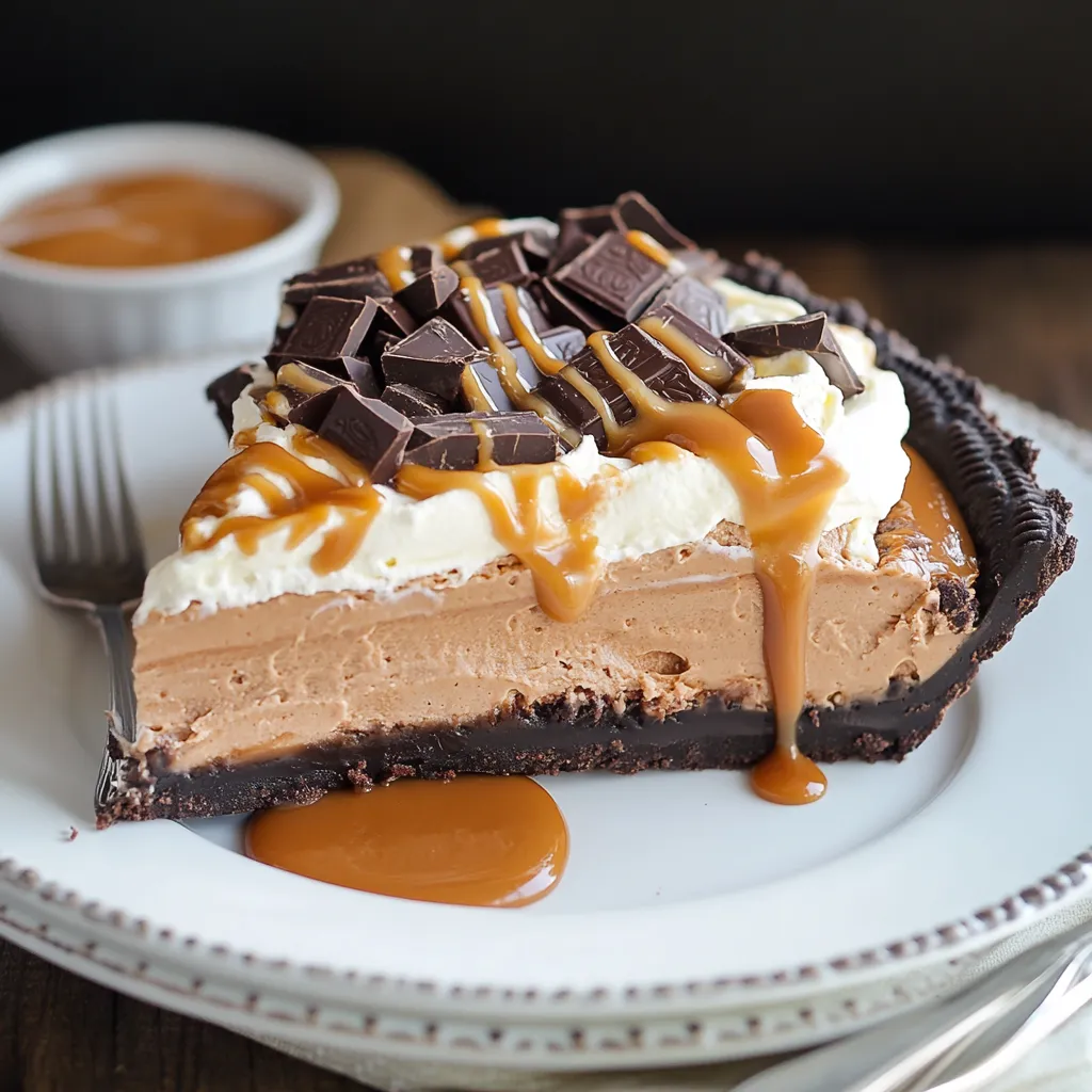 tarte décadente avec sa base Oreo, sa mousse chocolat-caramel et sa crème fouettée au beurre de cacahuète.