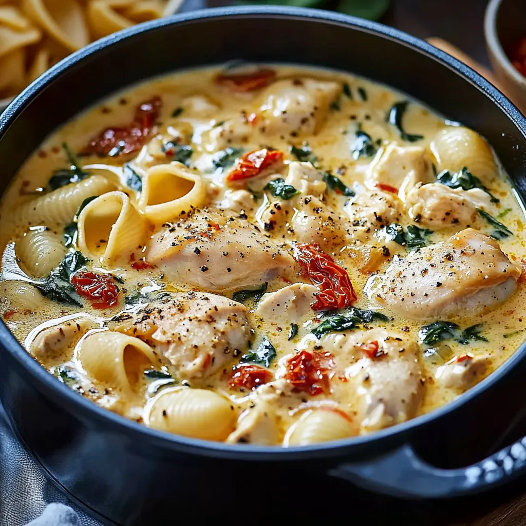 soupe crémeuse et savoureuse combinant poulet tendre, tomates séchées et pâtes dans un bouillon parfumé