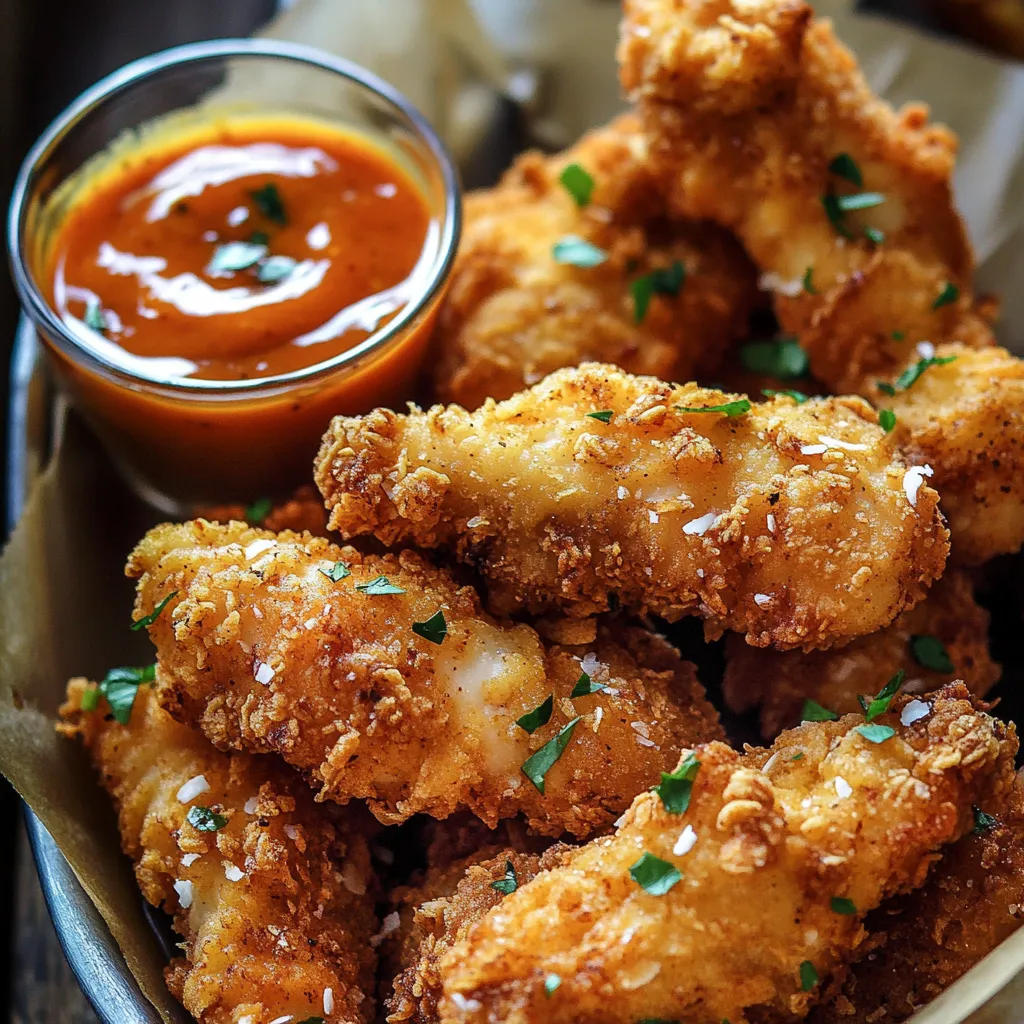 aiguillettes de poulet enrobées d'une panure croustillante au curcuma et noix de coco, avec une sauce relevée