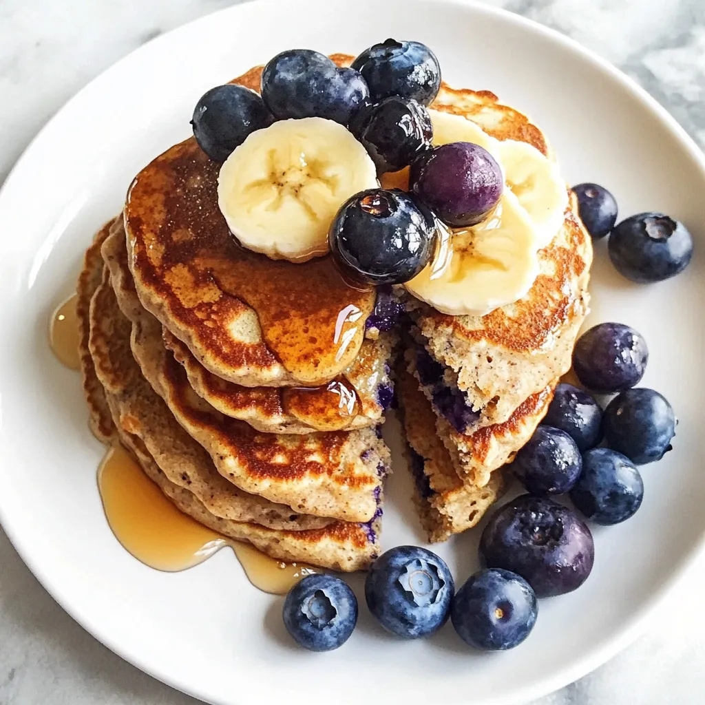 Pancakes moelleux enrichis en protéines, parsemés de myrtilles fraîches, parfaits pour un petit-déjeuner