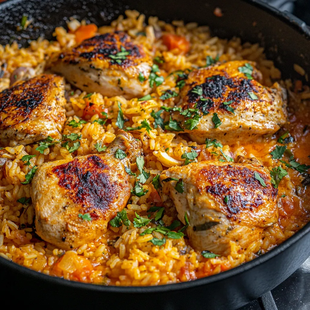 Top recette de riz au poulet mijotés ensemble avec des tomates rôties et des épices mexicaines