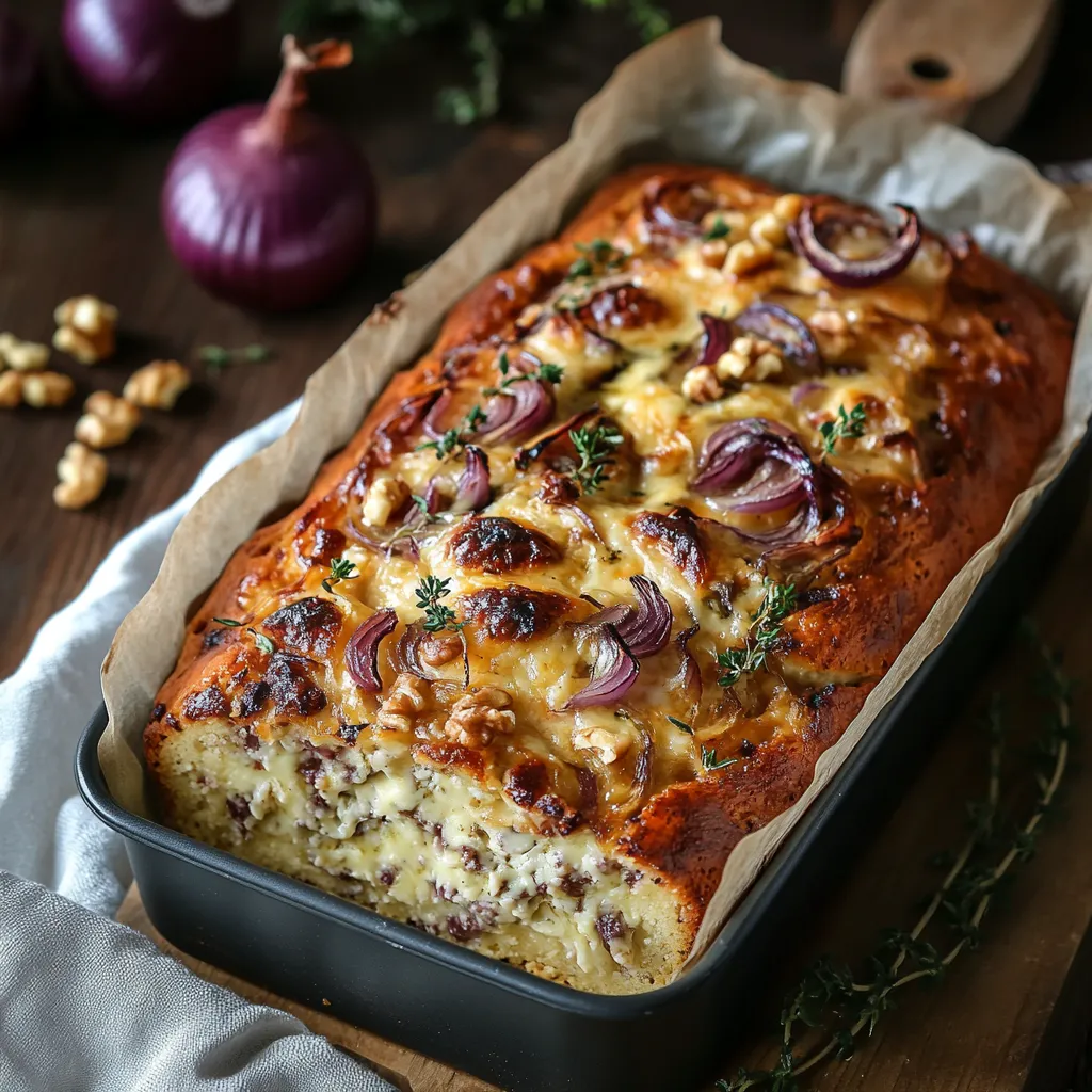 Cake salé gourmand aux oignons caramélisés et au gorgonzola
