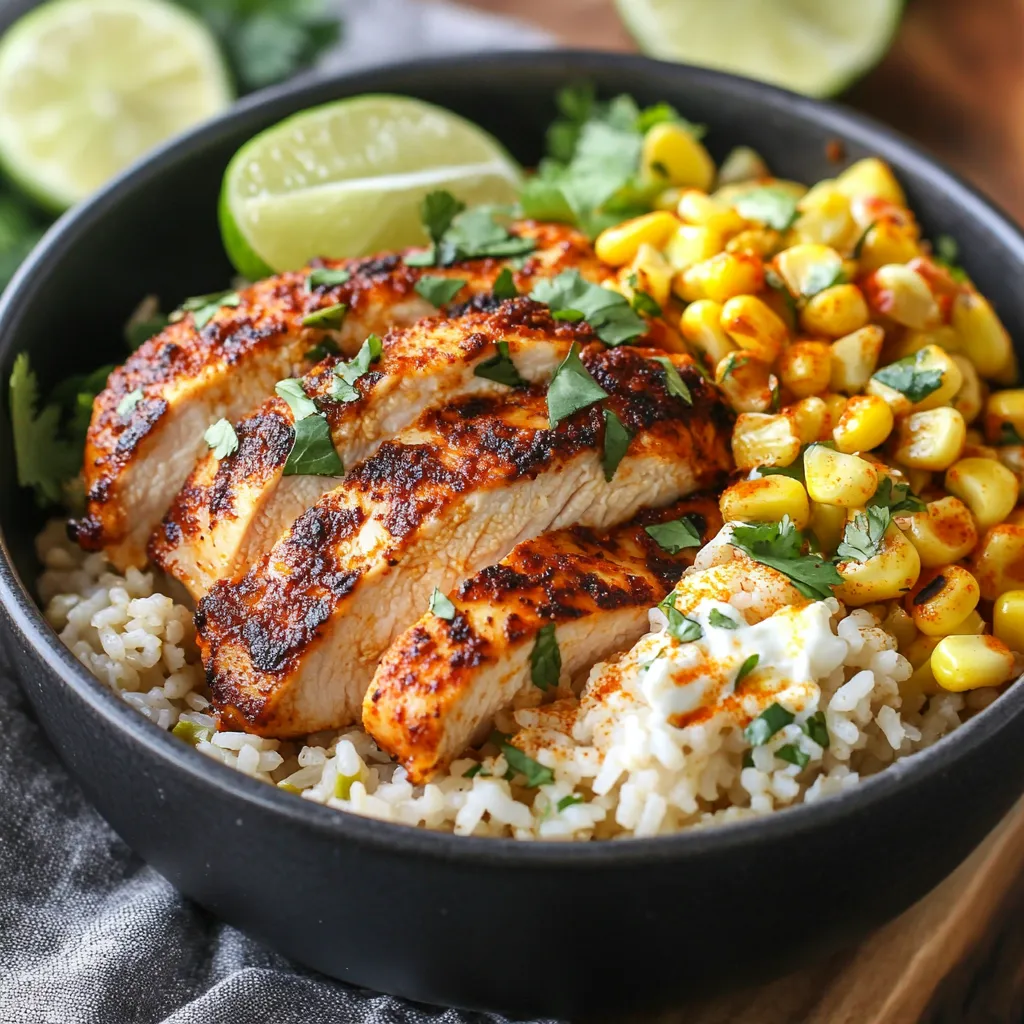 Savoureux bol de riz garni de poulet épicé et de maïs façon mexicaine.