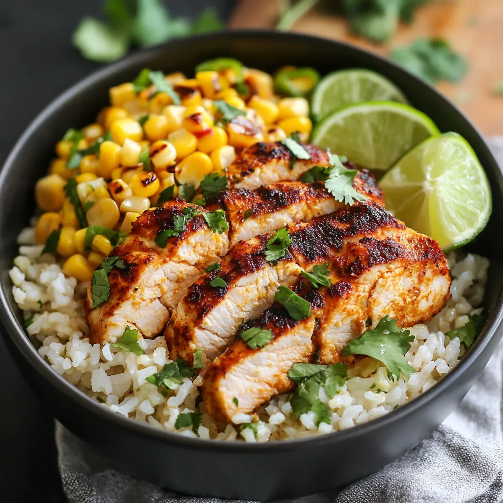 Délicieux bowl aux saveurs mexicaines associant poulet épicé, riz parfumé et maïs grillé crémeux