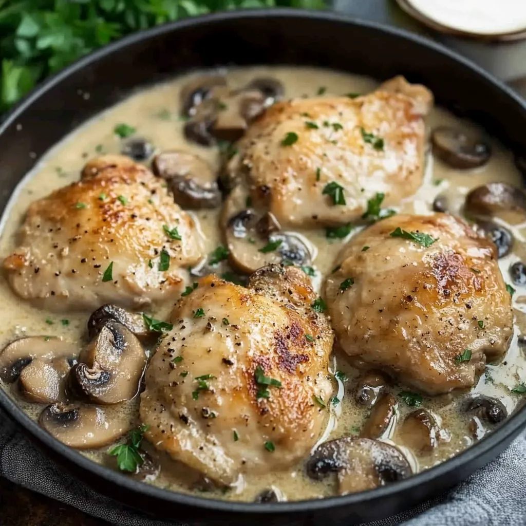 Délicieuse recette de poulet aux champignons nappé d'une sauce crémeuse à l'ail et au parmesan.