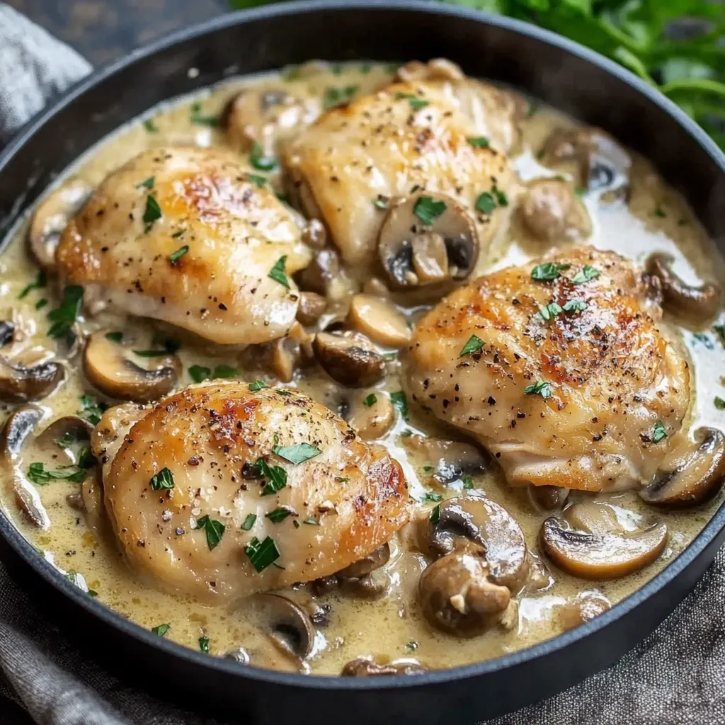 Cuisses de poulet tendres accompagnées de champignons et nappées d'une sauce crémeuse à l'ail et au parmesan