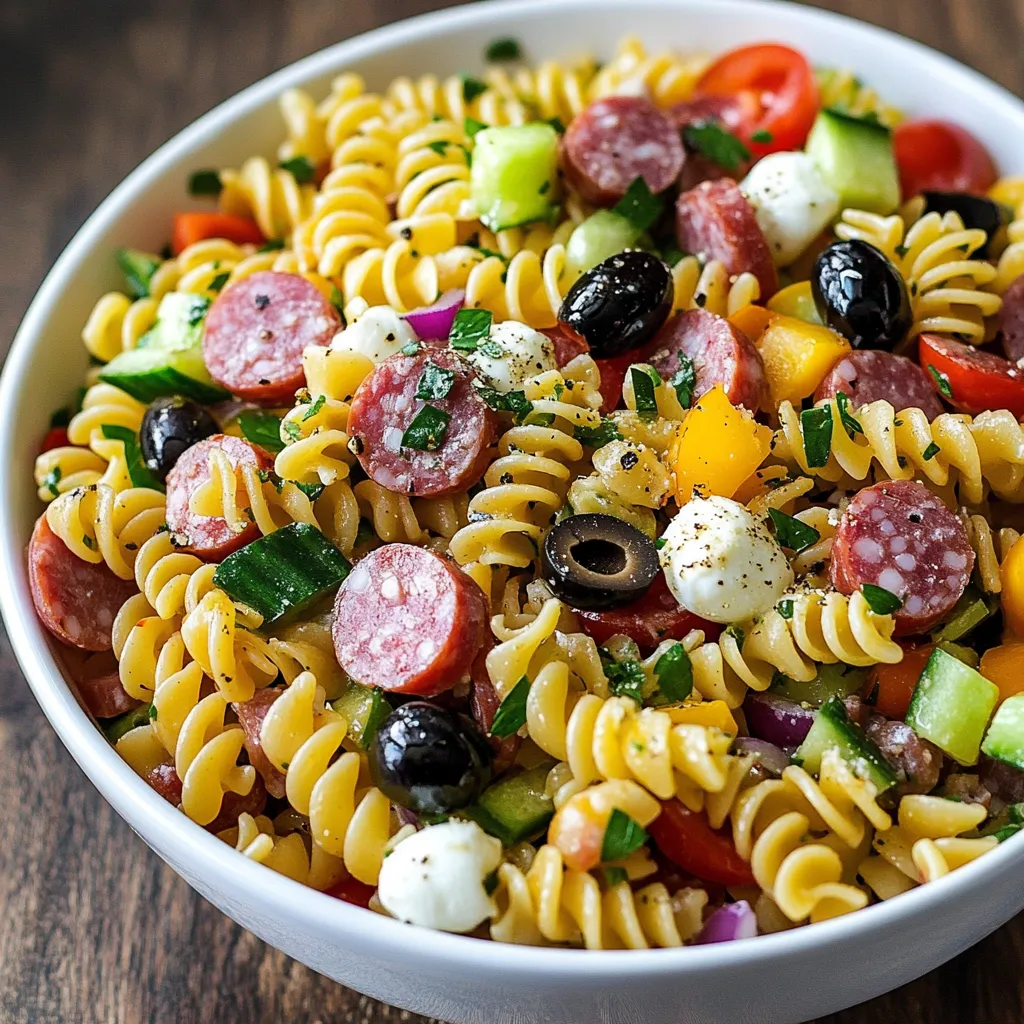 Salade de pâtes italienne colorée et savoureuse avec charcuterie, fromage et légumes frais