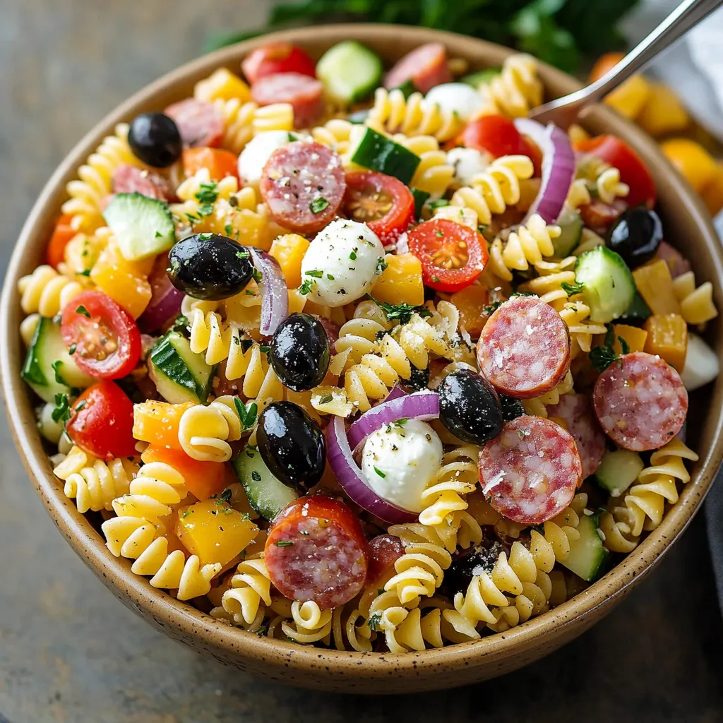 Salade de pâtes gourmande aux saveurs italiennes, garnie de charcuterie, légumes croquants et perles de mozzar