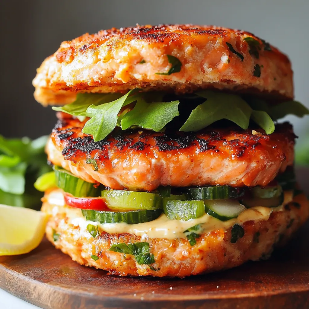Burger de saumon frais préparé maison, accompagné d'une salade croquante et d'une sauce chili douce