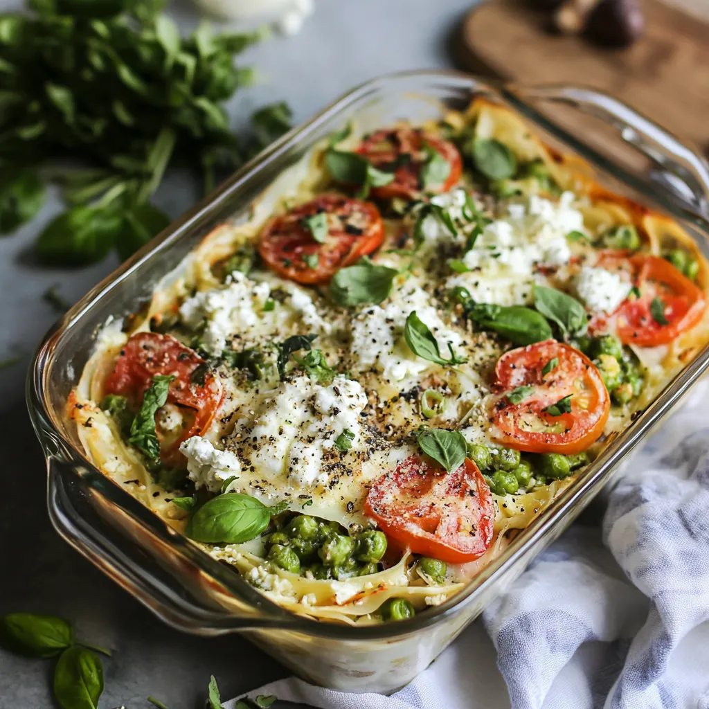 Lasagnes végétariennes printanières aux petits pois, épinards et fromage de chèvre