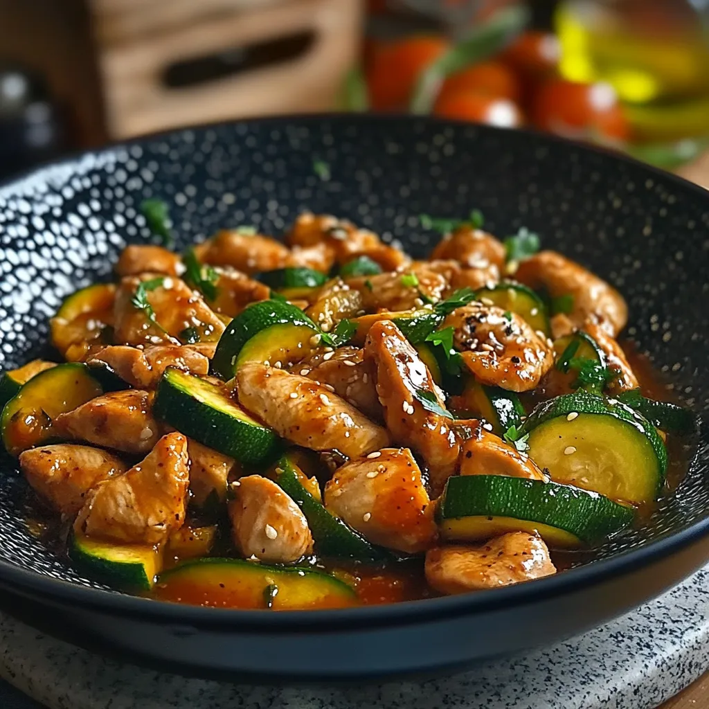 poulet aux courgettes dans une sauce soja-miel légèrement sucrée-salée.
