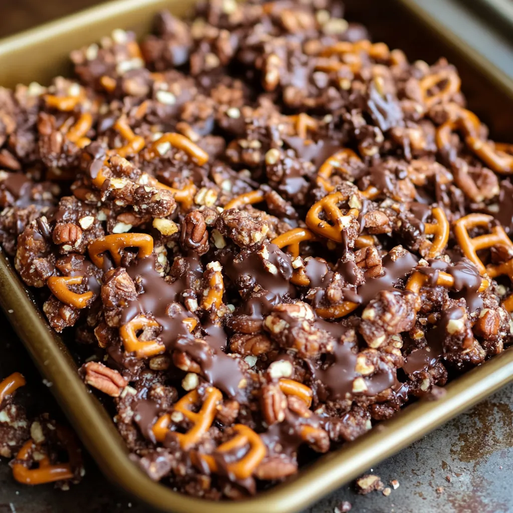 Super Yoopers, un mélange irrésistible de céréales Kix, bretzels et noix de pécan enrobés de chocolat.