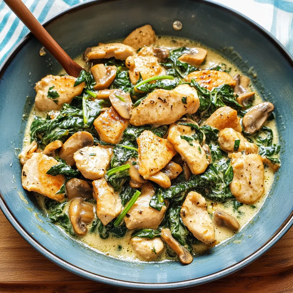 Sauté de poulet, champignons, épinards, crème