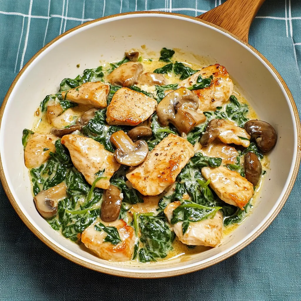 recette de sauté de poulet aux champignons, épinards et crème.
