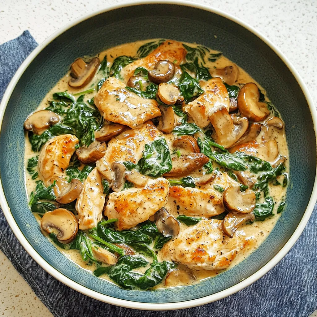sauté de poulet onctueux aux champignons et épinards nappés