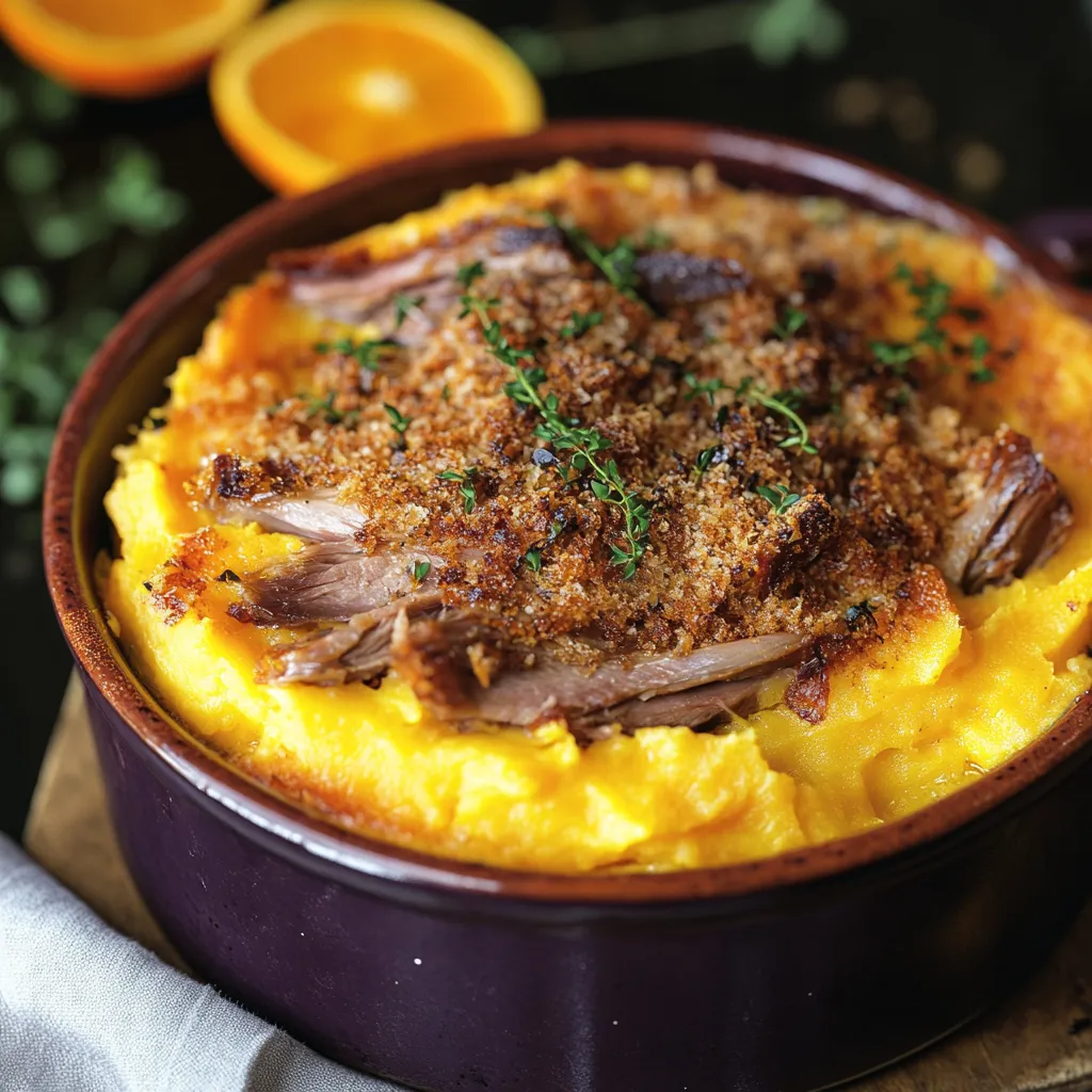 parmentier de confit de canard et patates douces, rehaussé de zeste d'orange et de piment d'Espelette.