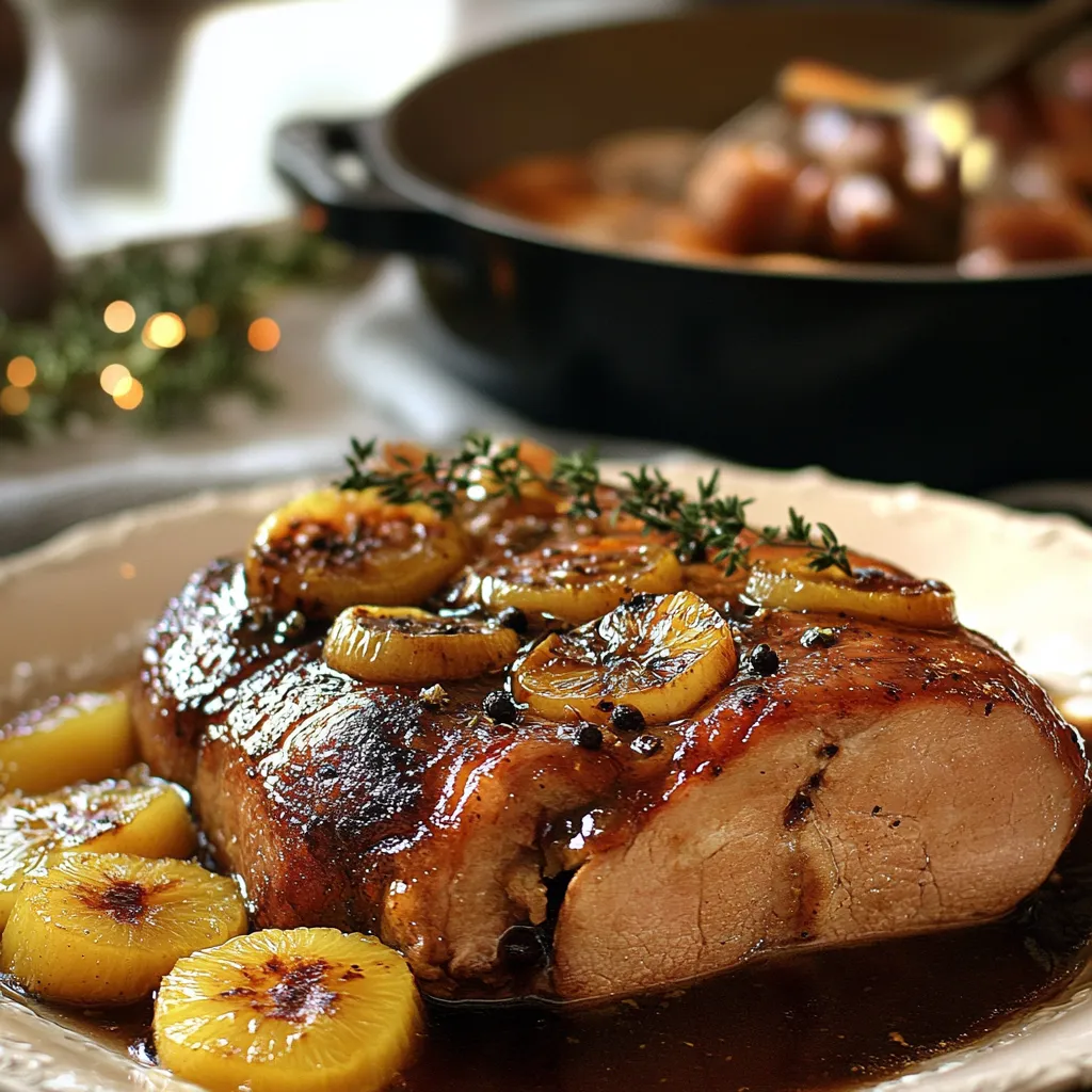Recette rouelle de porc mijotée dans une sauce au miel, jus d'orange, rhum et gingembre.