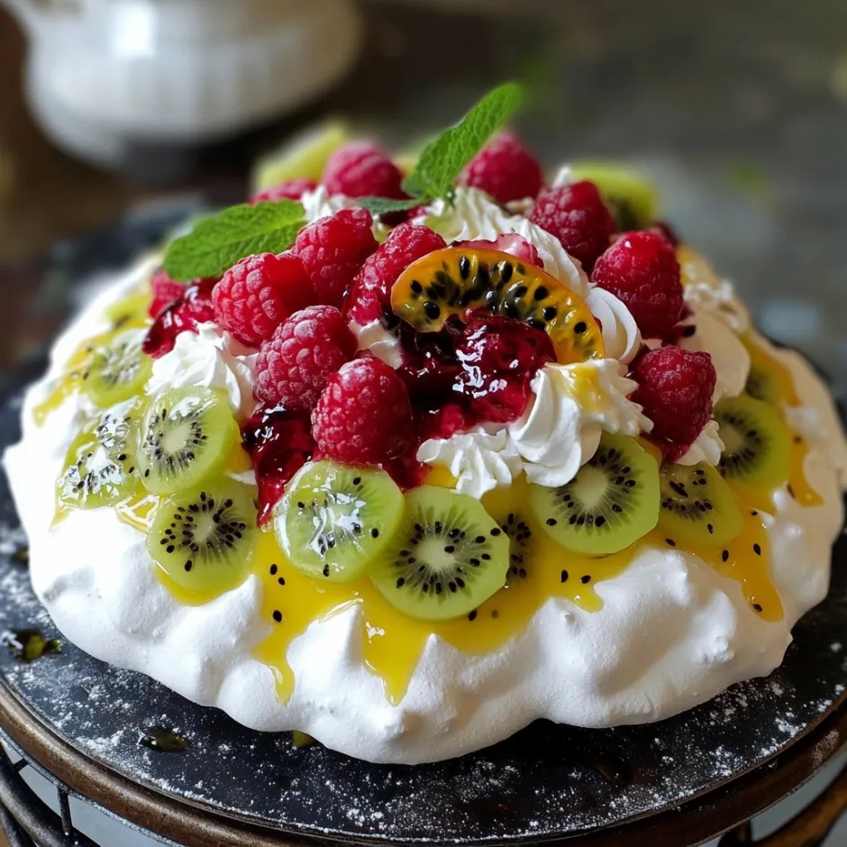 Recette de pavlova aux framboises, kiwis et ganache au fruit de la passion.
