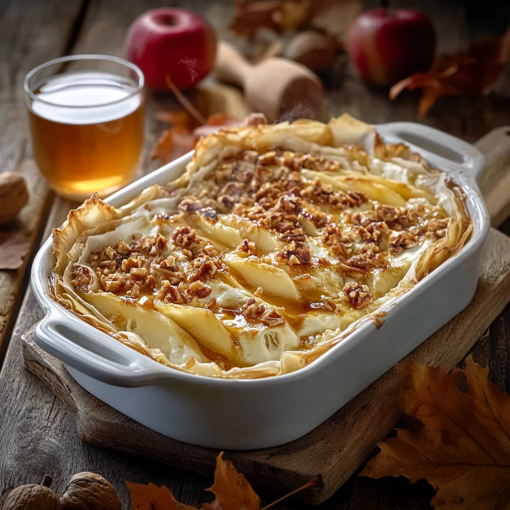 gratin original où la pâte filo croustillante rencontre le fondant du camembert et la douceur des pommes