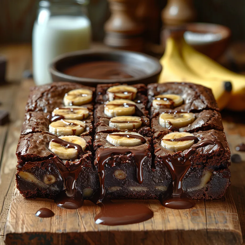 délicieux brownie au chocolat noir enrichi de morceaux de bananes fondantes.