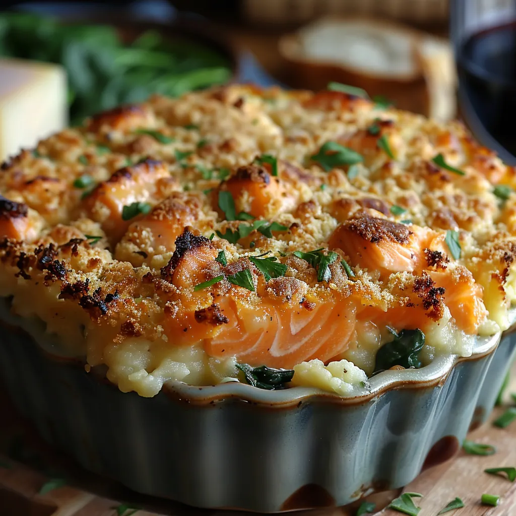 recette de parmentier revisité au saumon et épinards, surmonté d'un crumble croustillant au parmesan