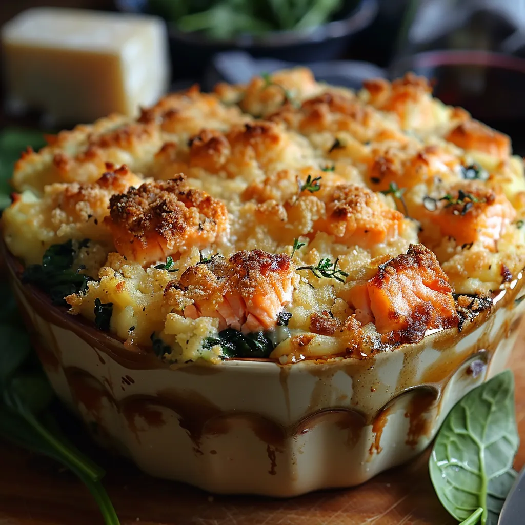 gourmande du hachis parmentier avec du saumon fondant, des épinards crémeux et un crumble au fromage.