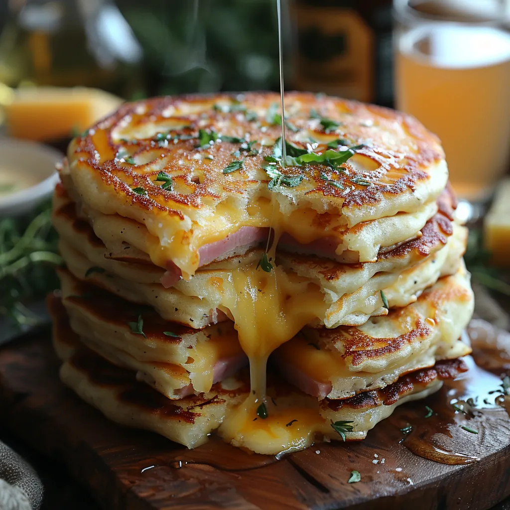 recette de pancakes salés jambon-fromage, parfaits pour un brunch gourmand.