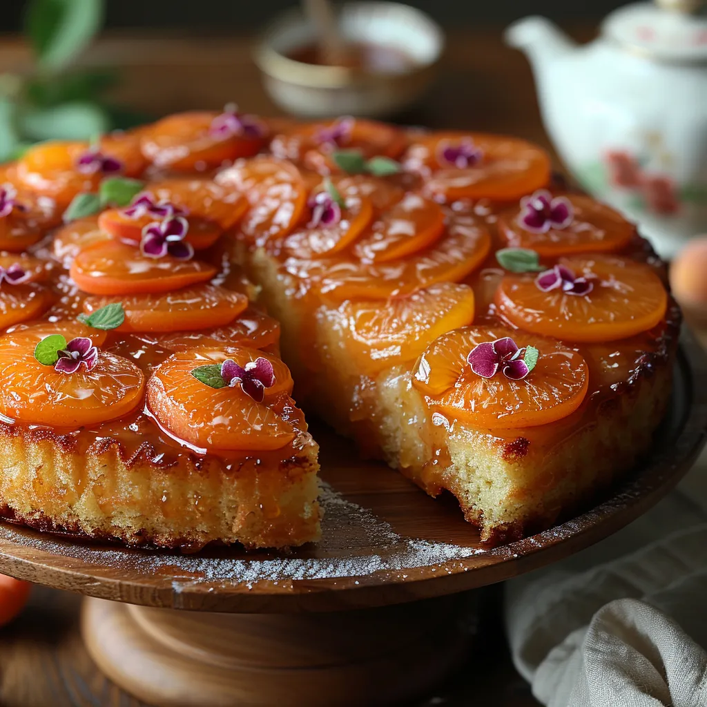 délicieux gâteau moelleux aux amandes, surmonté d'abricots caramélisés au miel