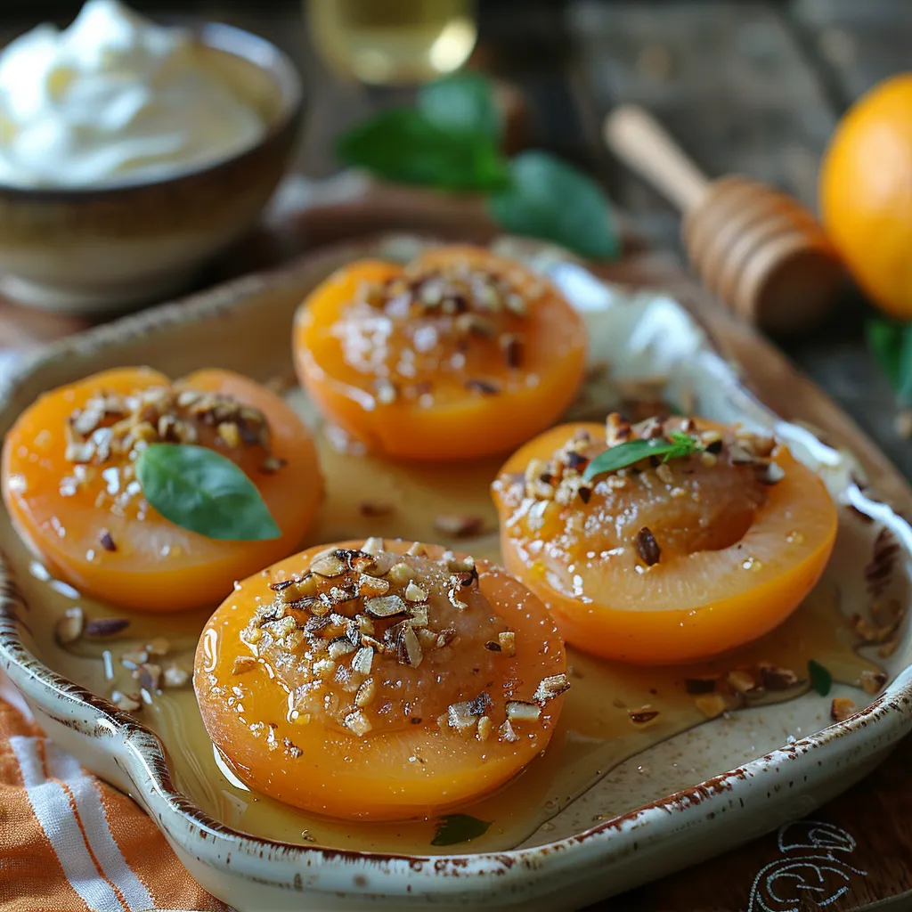 Abricots frais garnis d'un mélange onctueux de poudre d'amandes et de miel