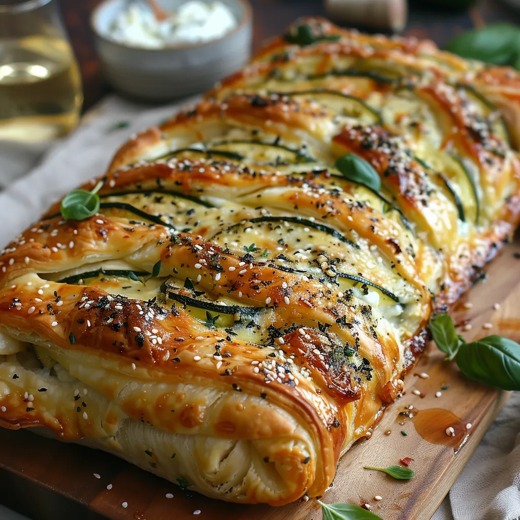 Recette de feuilleté tressé aux courgettes, pesto et burrata