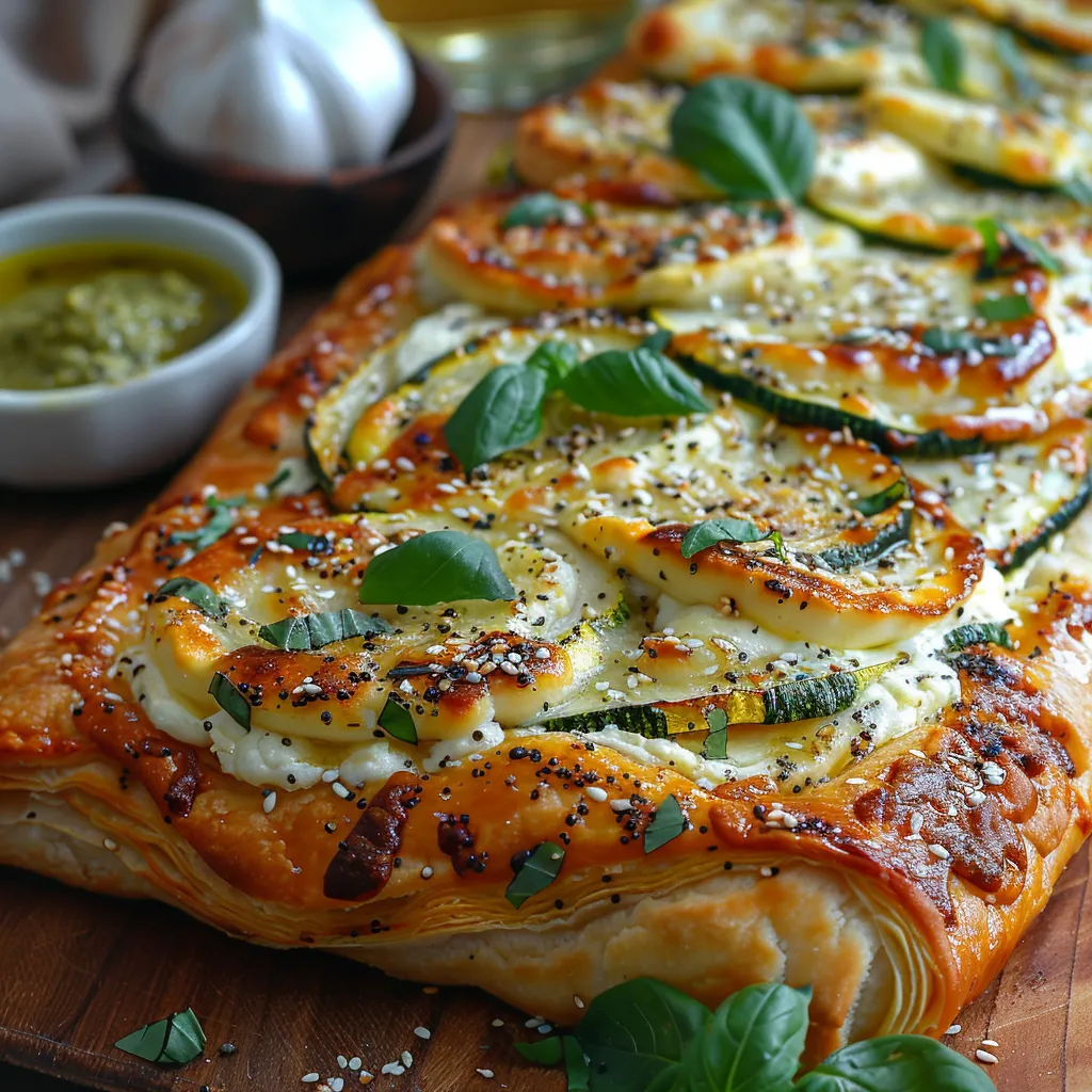 Feuilletée croustillante garnie de pesto, de courgettes fondantes et d'une burrata crémeuse.