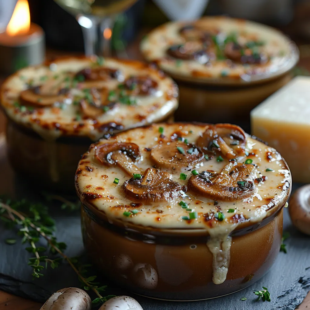 crème brûlée en version salée, avec des champignons de Paris et du parmesan dans une base crémeuse