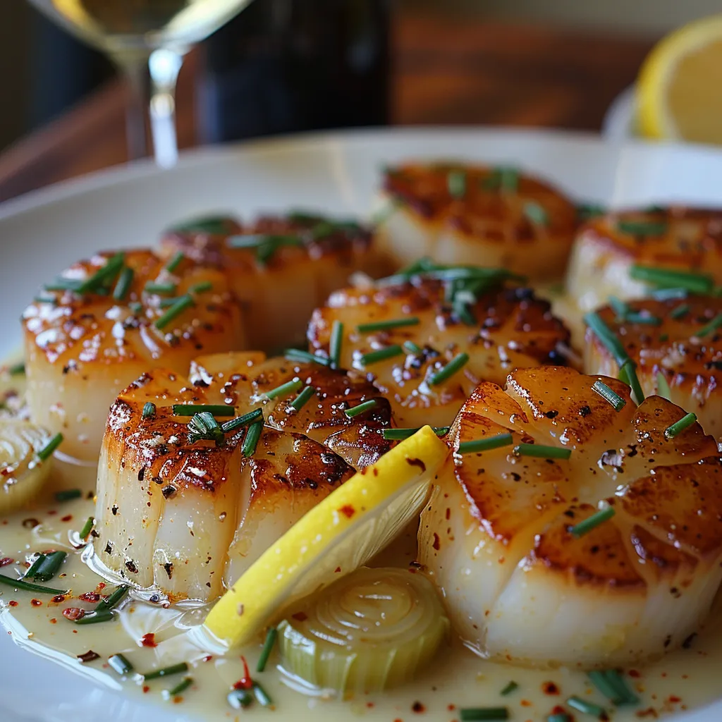 Des Saint-Jacques délicatement poêlées accompagnées de poireaux fondants à la crème et d'une sauce au citron