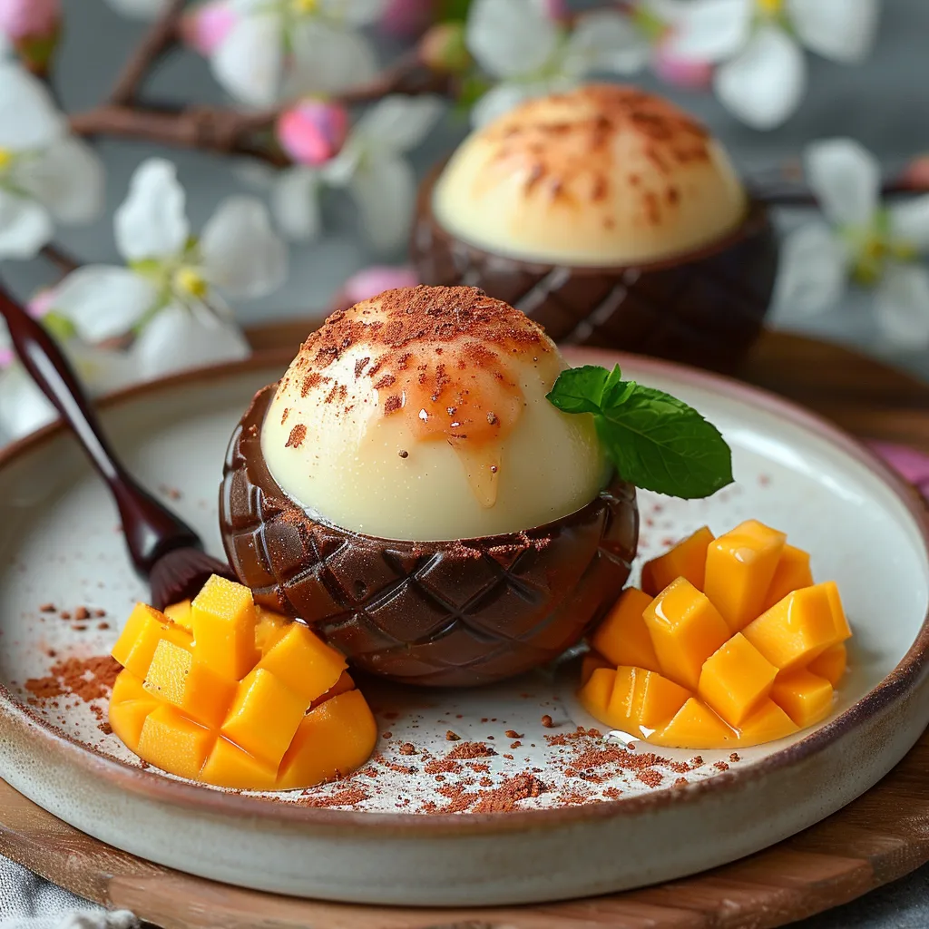 recette de Panna Cotta de Pâques : des œufs en chocolat garnis de panna cotta au chocolat blanc et de mangue