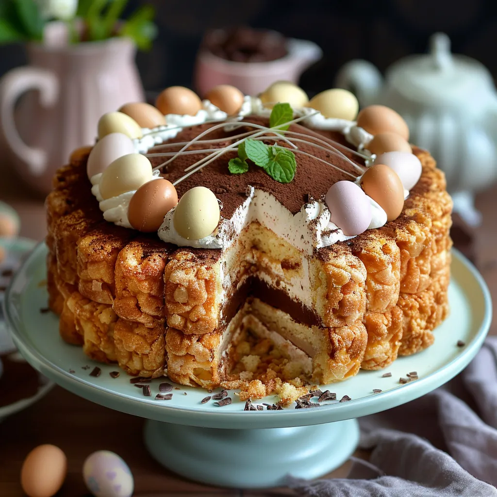 Charlotte au chocolat noir garnie de biscuits à la cuillère et décorée d'un nid de chantilly