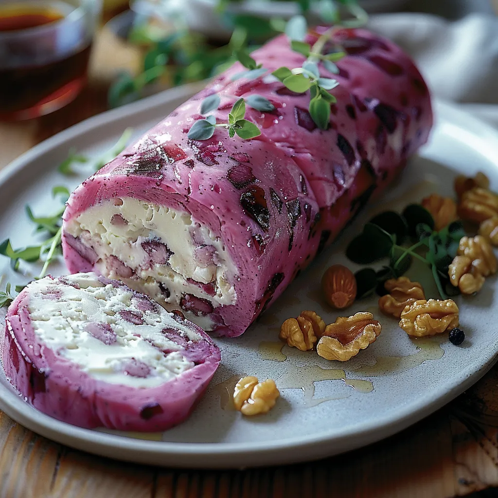 Recette de roulé à la betterave, fromage de chèvre et noix.